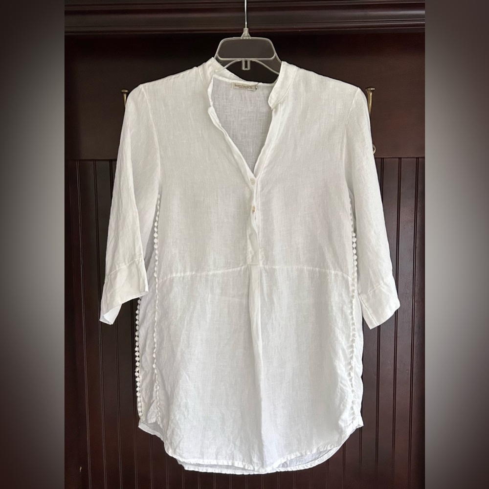 LAURA BIANCHI White Linen Popover Tunic Top Coastal Boho Beach Euro Summer Sz M - Picture 3 of 8